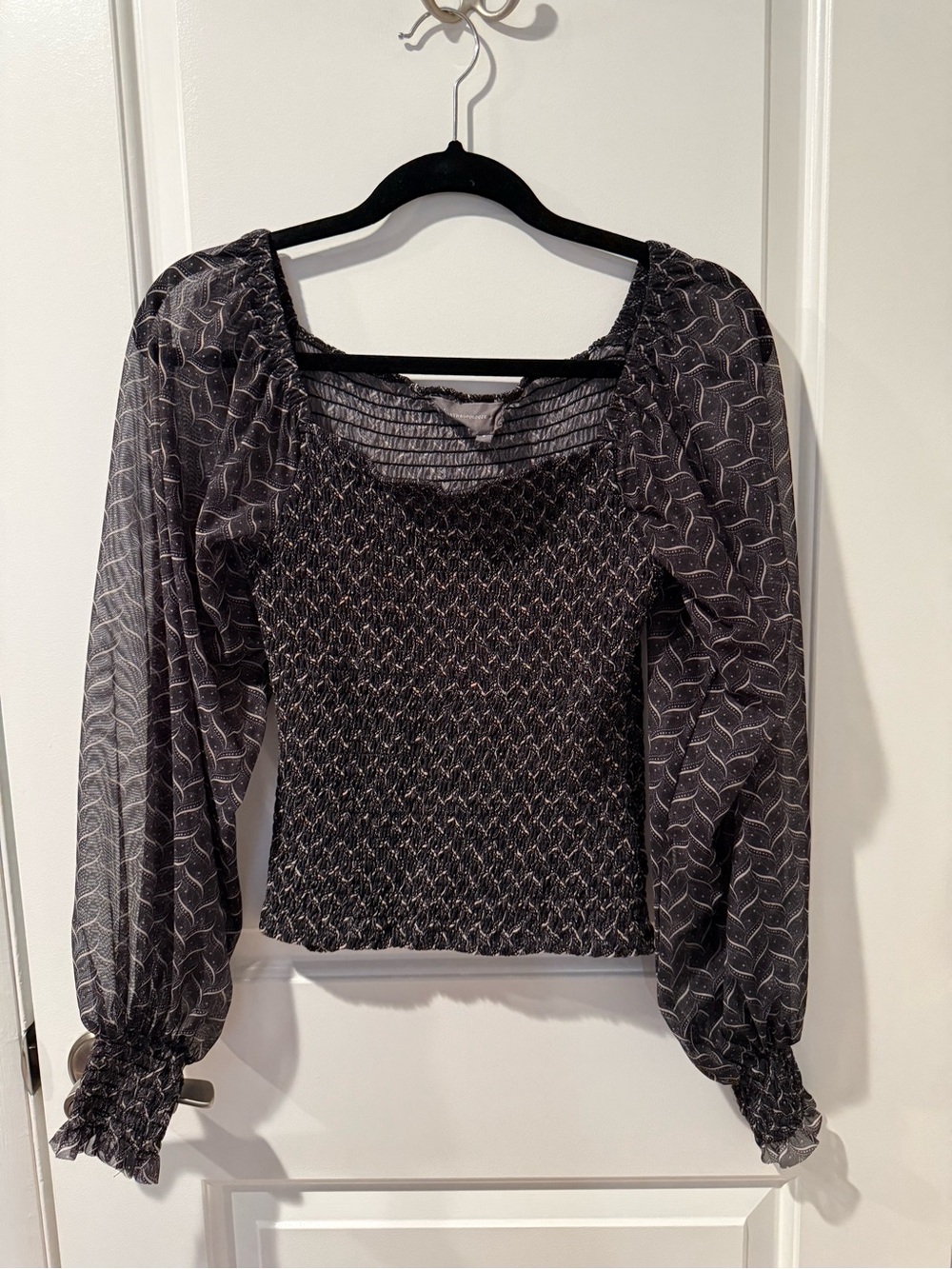 Anthropologie Black Smocked Sheer-Sleeve Square Neck Top